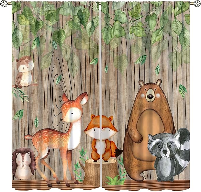 Forest Animal Kids Curtains, Wild Rustic Bear Fox Deer Children Cartoon Window Treatments for Living Room, Watercolor Navy Blackout Drapes 2 Panel Sets,63x63 Inch