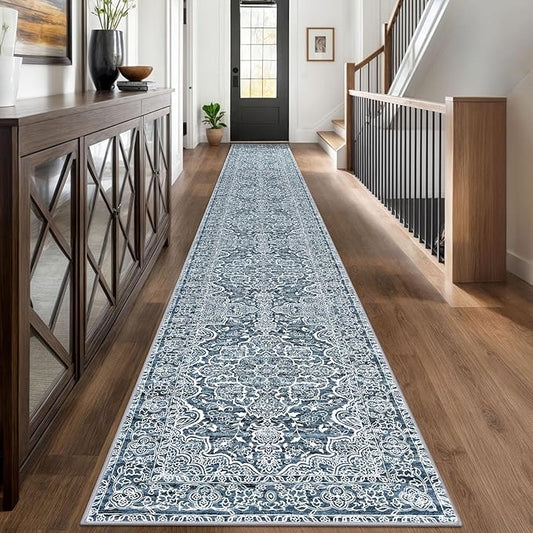 KUTA Extra Long Runners for Hallways 2.6x18ft Non-Slip Washable, Blue White Vintage Kitchen Rug, Stair Runners Indoor Ultra Soft Printed Floral Medallion Carpet for Bedroom Living Room Nursery
