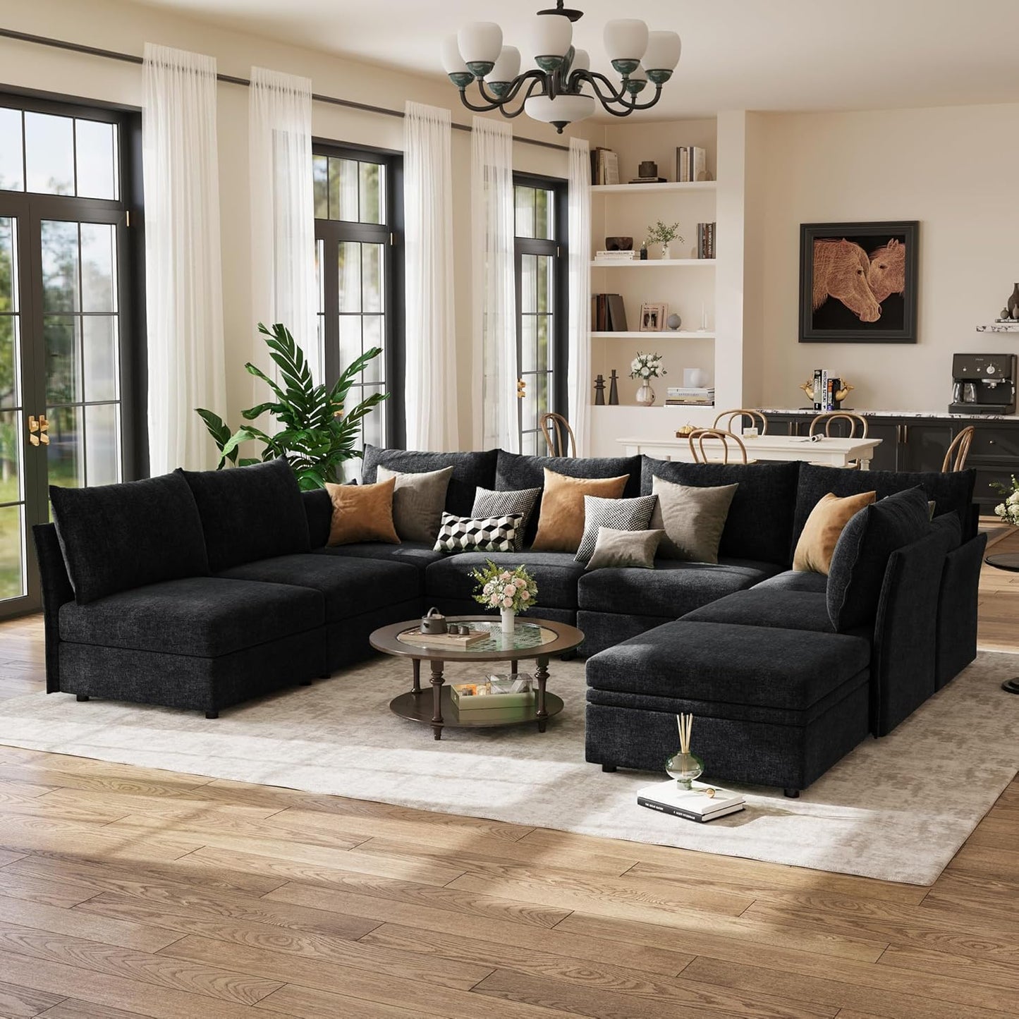 134.6" Modular Sectional Sofa, U Shaped Couch Set for Living Room, Large 8-Seater Comfy Cloud Couches with Movable Storage Ottoman,DIY Combination - Chenille Black