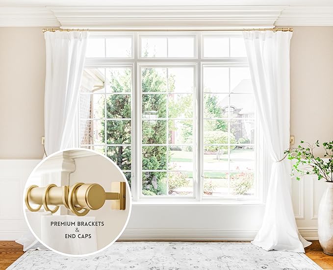 BlastHome® Non-Adjustable Luxury Curtain Rods for Windows, 1 ¼” Rod Set, 5 foot Fixed Length (Two Rods Connect for a Seamless Look), Brushed Gold
