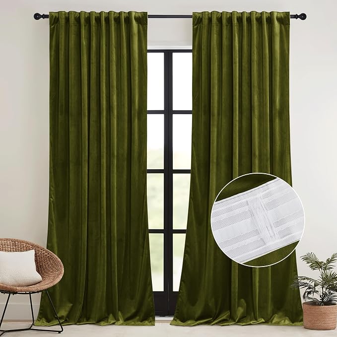 RYB HOME Moss Green Velvet Curtains for Bedroom Living Room, Thermal Insulated Privacy UV Heat Blocking Luxurious Drapes for Nursery Dining Room, 52"W x 108"L, 2 Panels, Rod Pocket/Back Tab/Hook Belt