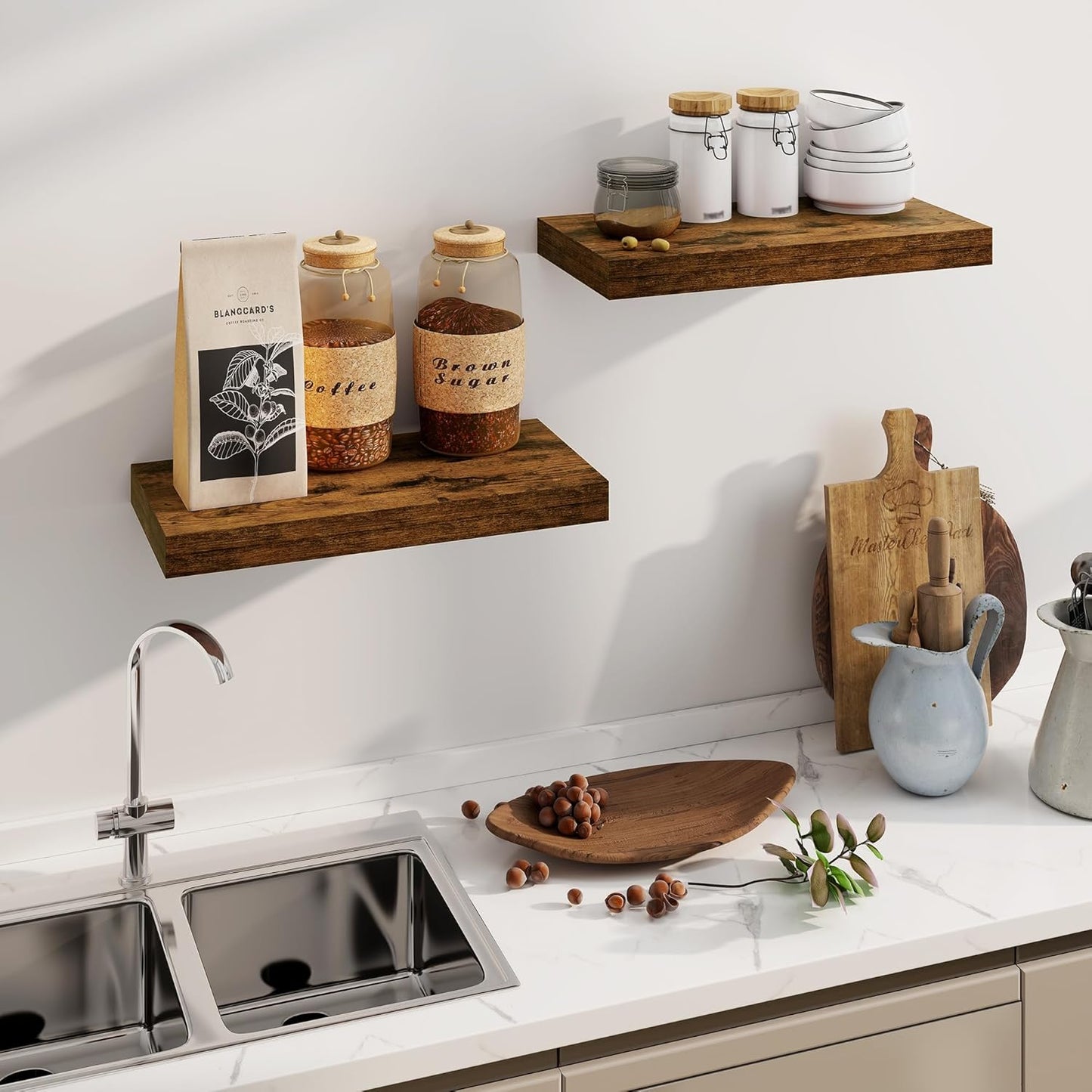 Floating Shelves, 8 Inch Deep Floating Shelves, 24"W x 8"D Wall Shelves Set of 2, Rustic Wood Floating Shelf for Home Decor, Deep Storage Shelves for Kitchen, Bedroom, Living Room, Rustic Brown