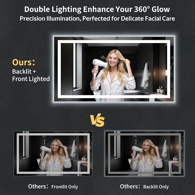 60"x30" LED Bathroom Mirror with Lights, Backlit + Front Lit with CRI>90, Lighted Mirror for Bathroom, Anti-Fog, Dimmable Brightness, 3 Colors, Memory Function, Shatterproof Tempered Glass