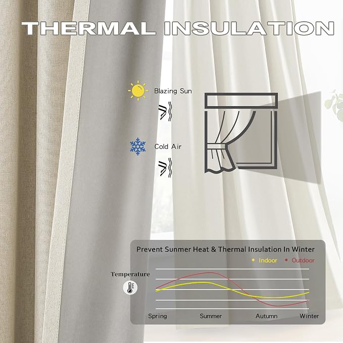 DUALIFE Natural Pleated Blackout Curtains 96 Inch Long 2 Panels,Luxury Full Black Out Living Room Drapes for Track System with Hooks,Thermal Boho Viral Linen Curtains 40 Wide,Cream Beige
