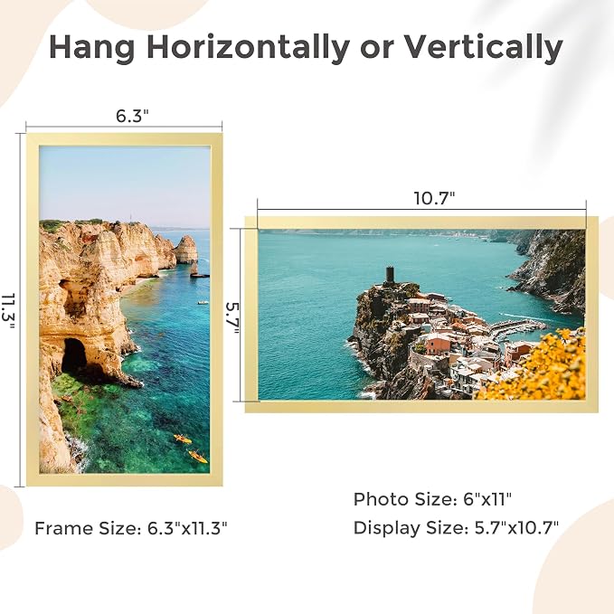FLYJOE Metal Picture Frame - Gold Aluminum Picture Frames with Real Glass, Wall Mounting Horizontally or Vertically, Simple and Elegant Decor for Wall Gallery Poster Photo 11x6 Frames, Gold
