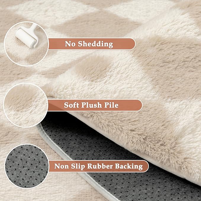 PureCozy Checkered Rug 6x9 Fluffy Shag Living Room Beige Area Rug Modern Washable Carpet Soft Shaggy Non Slip Indoor Plush Fuzzy Rugs for Bedroom Dorm Office Home Aesthetic Decor