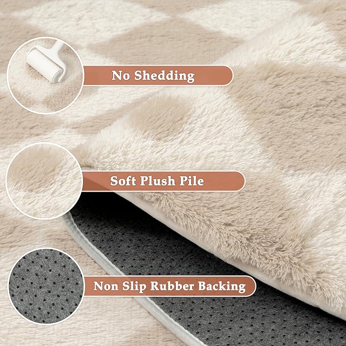PureCozy Checkered Rug 9x12 Fluffy Shag Living Room Beige Area Rug Modern Washable Carpet Soft Shaggy Non Slip Indoor Plush Fuzzy Rugs for Bedroom Dorm Office Home Aesthetic Decor