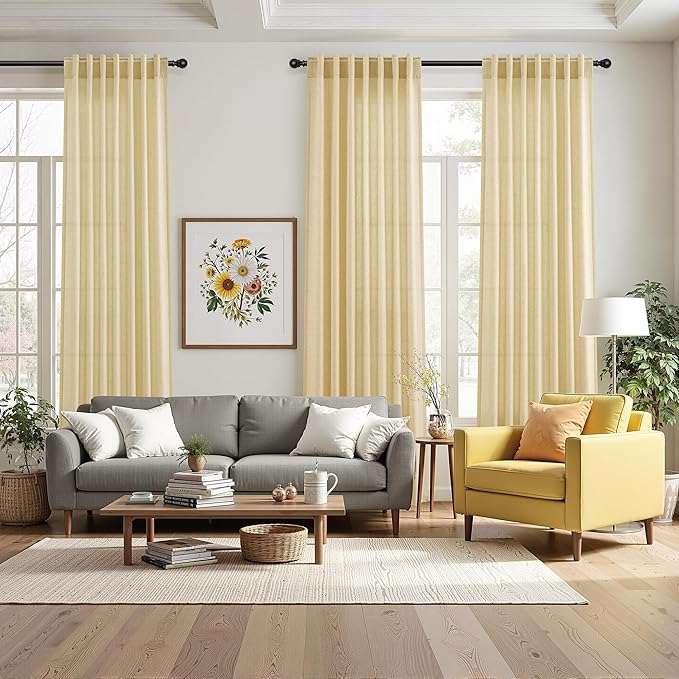 Nanspring Modern Farmhouse Curtains Linen for Living Room 84 Inches Long Cream Yellow Light Filtering Sheer Curtains Back Tab and Rod Pocket Privacy Curtain for Bedroom Office 52x84, 2 Panels
