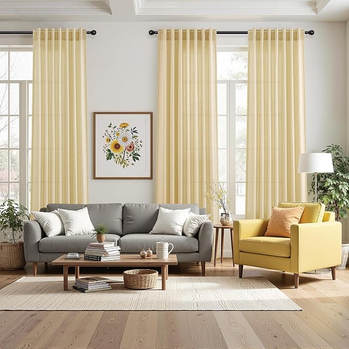 Nanspring Extra Long 120 Inch Curtains for Living Room Cream Yellow Linen Modern Farmhouse Privacy Sheer Curtains Back Tab and Rod Pocket Floor to Ceiling Curtain for Bedroom Office 52x120, 2 Panels
