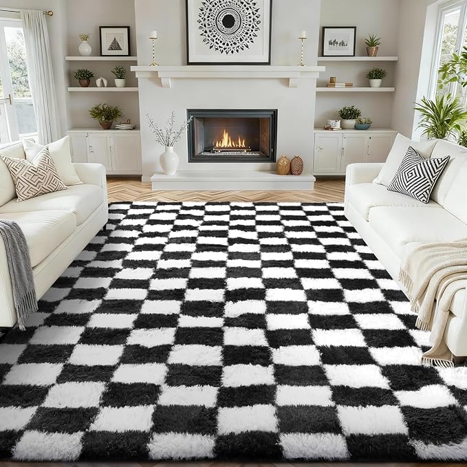 Ophanie Checkered Black & White Rug for Living Room Bedroom,Fluffy Soft Cute Fuzzy Area Rugs,Shag Plush Shaggy Bedside Floor 8x10 Furry Carpet Kids Baby Teen Dorm Decor with Over 99 pcs Pile fibers