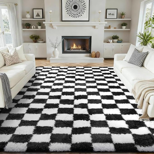 Ophanie Checkered Black & White Rug for Living Room Bedroom,Fluffy Soft Cute Fuzzy Area Rugs,Shag Plush Shaggy Bedside Floor 8x10 Furry Carpet Kids Baby Teen Dorm Decor with Over 99 pcs Pile fibers