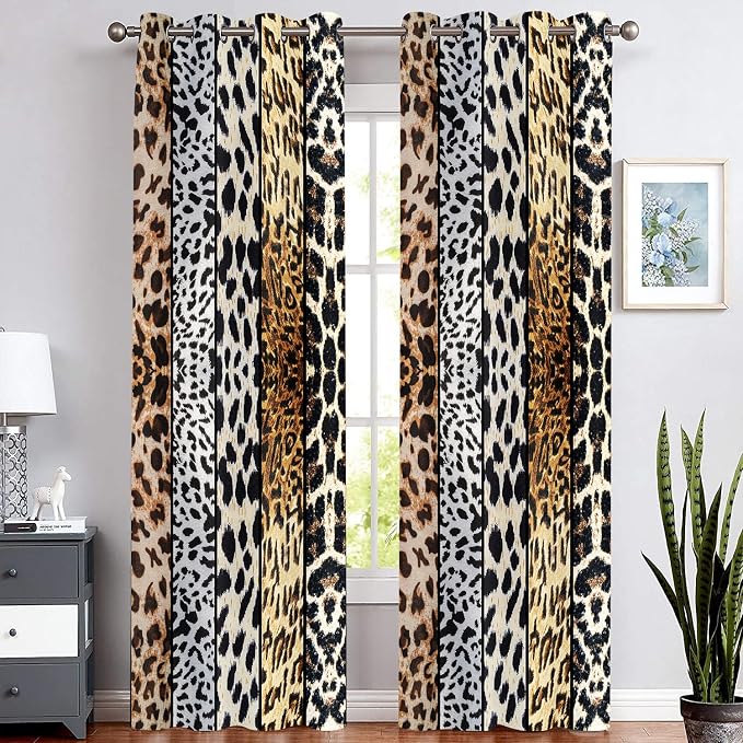 Wild Animal Print Curtain, Room Darkening Thermal Insulated Blackout Leopard Boa Window Drapes with Grommets for Living, Dining, Bedroom, 52"x 90", Set of 2 Panels