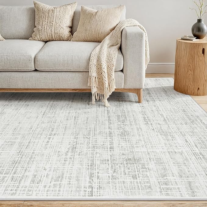 5x7 Area Rugs Washable Rug: Anti-Skid Abstract Modern Living Room Rug Soft Thin Carpets Indoor Floor Non-Shedding Carpet for Bedroom Dining Farmhouse Nursery Home Office (White Gray, 5'x7')