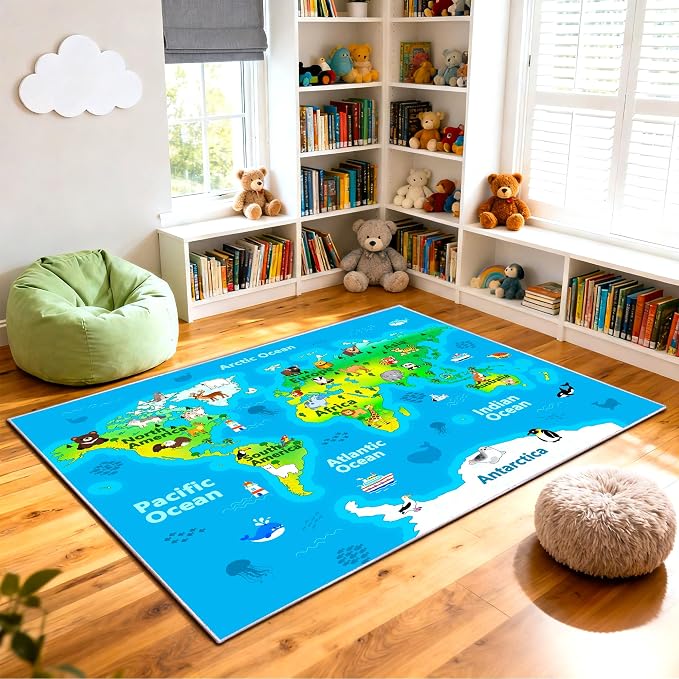 Kids Playroom Rug, 8x10ft World Map Rugs with Cute Animals, Washable Durable Soft Carpet Kid Educational Rugs for Boys Girls Bedroom Nursery Classroom