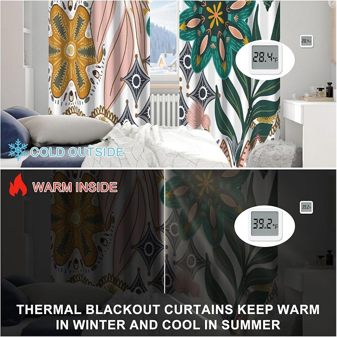 Boho Blackout Curtains for Bedroom Living Room, Vintage Floral Black Out Curtains 84 Inch Length 2 Panels Set with Curtain Tiebacks, Thermal Insulated Soundproof Grommet Darkening Drapes for Spring