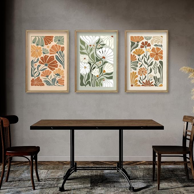Wildflower Floral Green Botanical Wall Art Print 16"x24" Set of 3 flower Illustrations Minimalist Modern Boho Sign Wood Framed for Living Room Bedroom Office Abstract Wall Hang Decor (Wood)