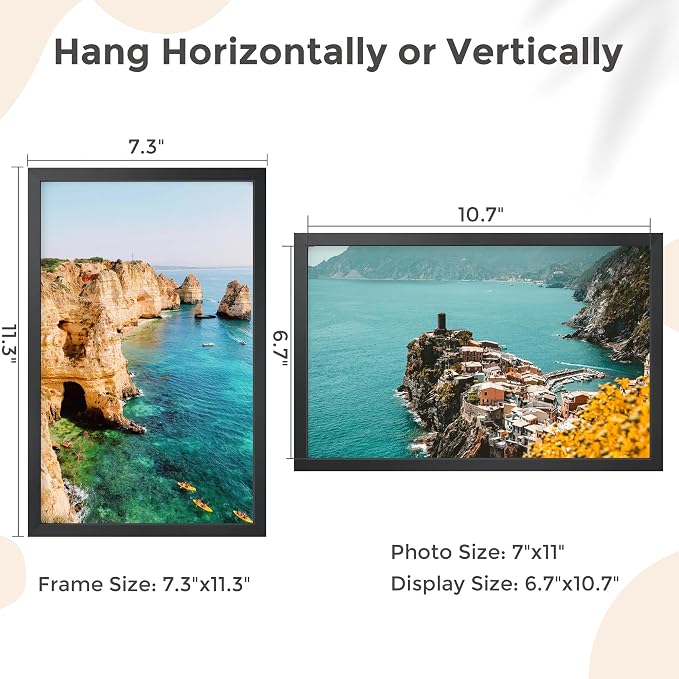 FLYJOE 7x11 Metal Picture Frame - Black Aluminum Picture Frames with Real Glass, Wall Mounting Horizontally or Vertically, Simple and Elegant Decor for Wall Gallery Poster Photo 11x7 Frame, Black