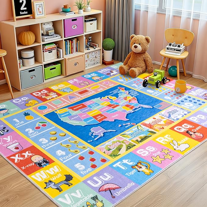 Kids Rugs for Playroom - Soft & Non-Slip 9x12 Feet Educational Rug for Learning ABC Alphabet, Numbers, Shapes & Map, Washable Classroom Rug for Bedroom Nursery & Kids Room Decor