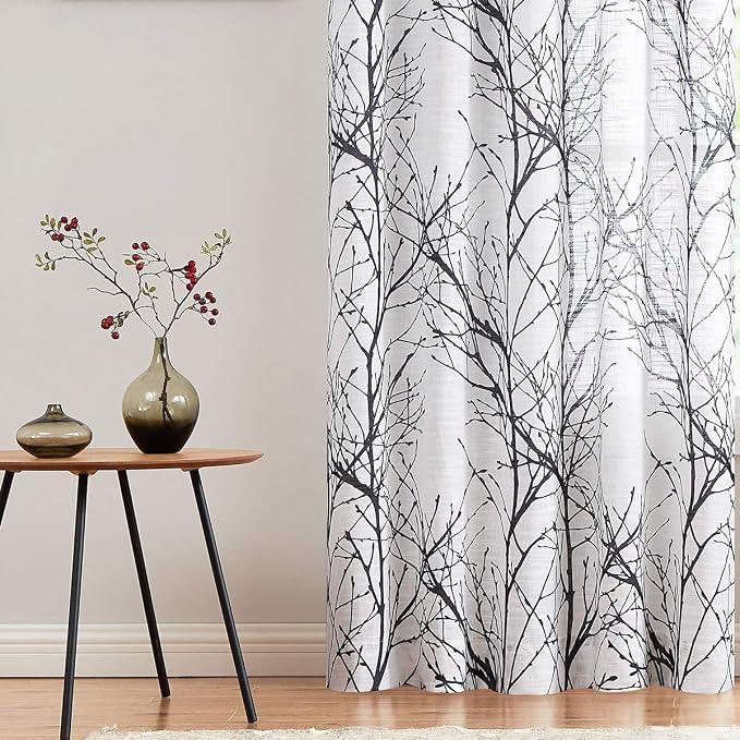 FMFUNCTEX Linen Semi Sheer Curtains for Bedroom, Black White Curtains 45 Inches Long for Living Room, Grey Tree Branch Patterned Curtain Light Filtering Kitchen Window Drapes, Grommet Top 2 Panels