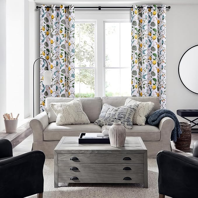 Topfinel 102 Inches Long White Luxury Curtains for Living Room Bedroom, Blackout Vintage Art Deco Victorian Curtains Floral Lemon Hummingbird Printed Grommet Drape 102 Inch Length