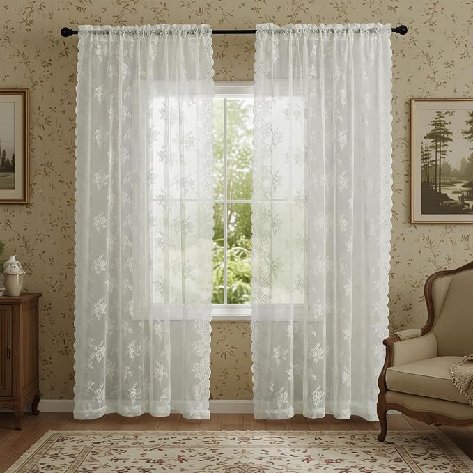 Kotile Ivory Lace Curtains 96 Inches Long - Country Floral Vintage Lace Window Curtains for Living Room, Premium Scalloped Floral Sheer Lace Curtain Panels, 52 x 96 Inch, 2 Panels, Ivory/Cream