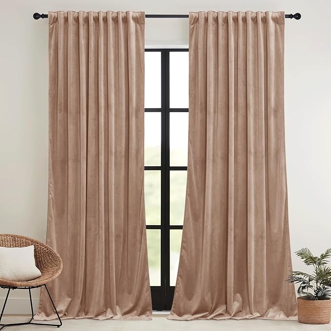 RYB HOME Blush Velvet Curtains 72 inches with Hook Belt, Soft Fabric Room Darkening Thermal Insulated Luxurious Home Decor Curtains for Living Room Bedroom, W 52" x L 72", 2 Panels Set