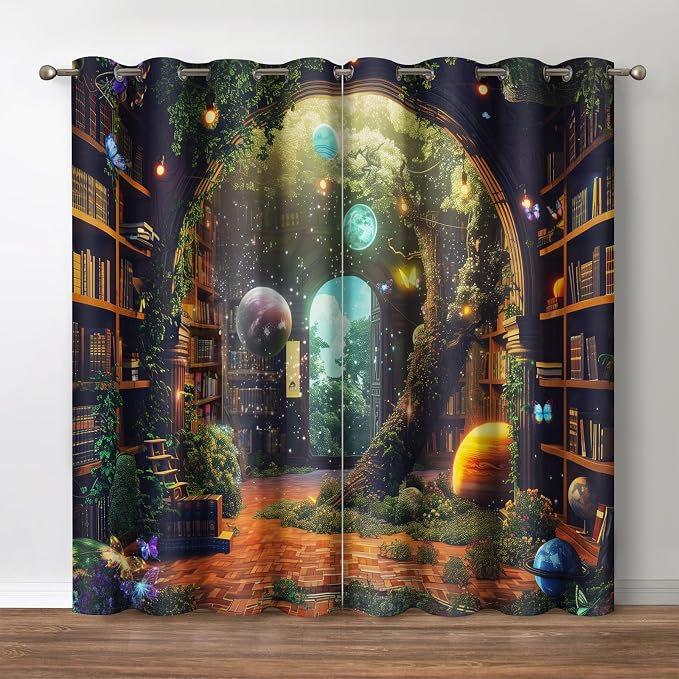 Jekeno Vintage Bookshelf Blackout Curtains Books Bookcase Mysterious Tree Flowers Planet Starry Sky Decor for Bedroom Study Classroom Living Room Darkening Grommet Window Drapes 2 Panel Set, 42"x54"