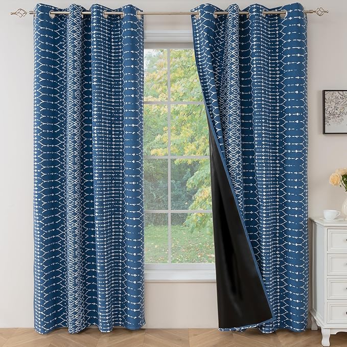 ColorBird 100% Blackout Heat Blocking Boho Curtains for Bedroom 84 Inches Navy Blue and White Sun Blocking Thermal Curtains & Panels for Living Room Striped Western Geometric Room Decor