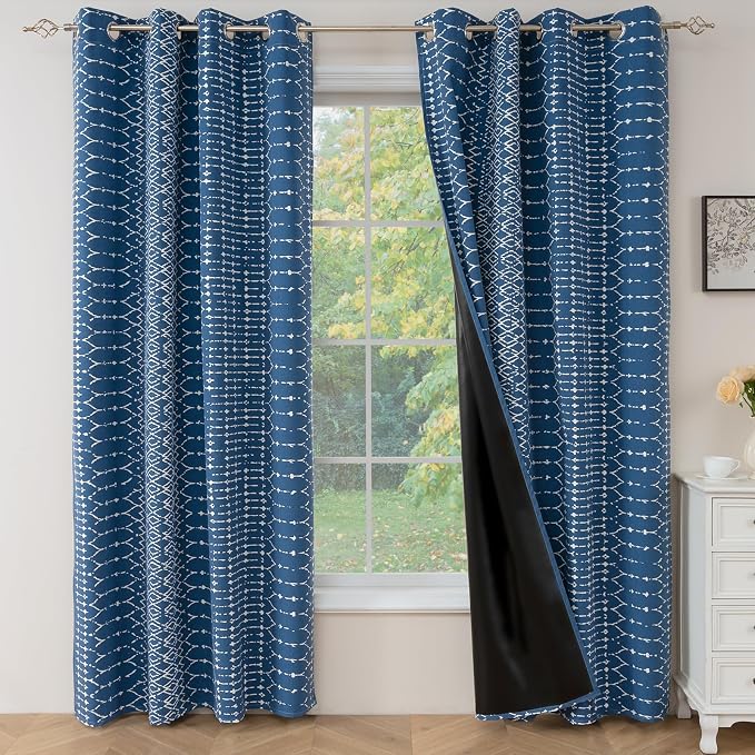 ColorBird 100% Blackout Heat Blocking Boho Curtains for Bedroom Navy Blue and White Sun Blocking Floor to Ceiling Curtains & Panels for Living Room Striped Western Geometric Room Decor