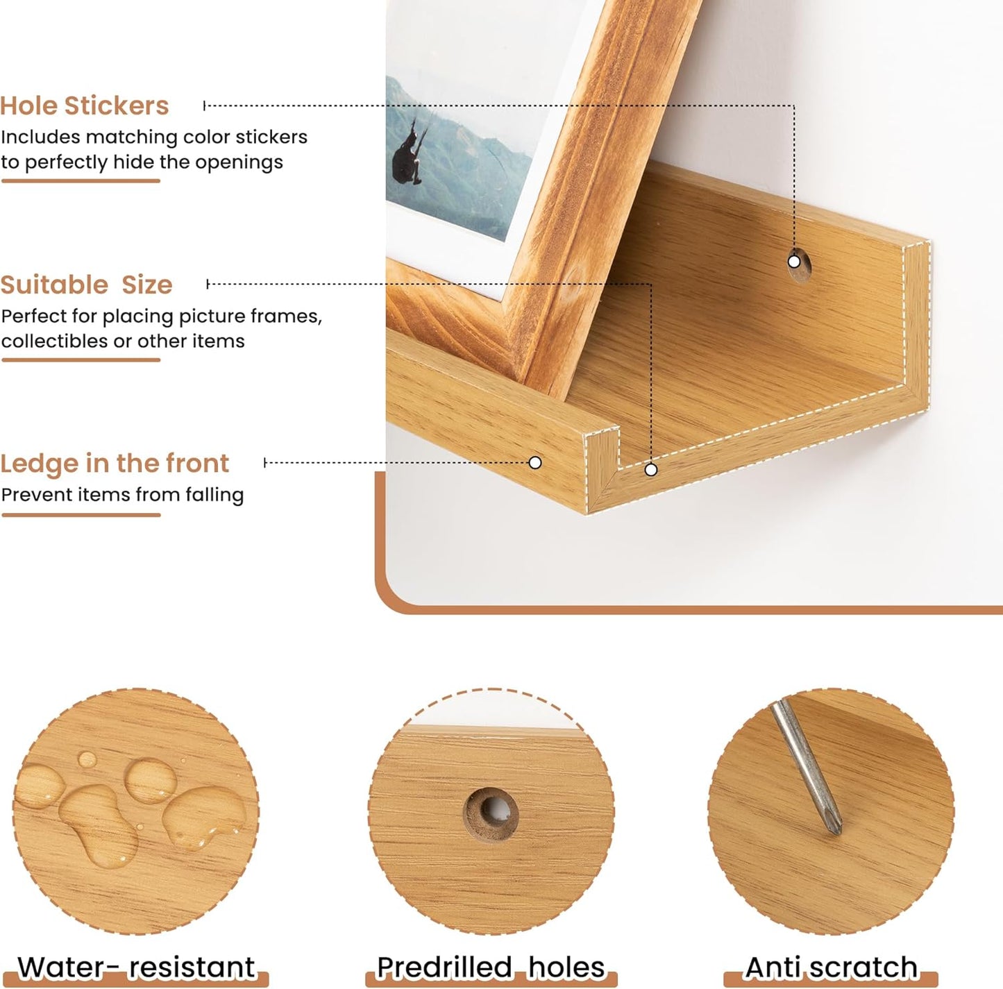 Fun Memories Picture Ledge Shelves Set of 2, 55 Inch Rustic Wall Mounted Floating Shelves with Lip for Home Storage and Décor in Bathroom, Kitchen, Nursery, Bedroom, Living Room, Oak