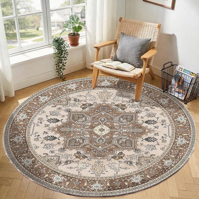 OPPODREAM Soft Round Rug 6ft, Play Room Rug, Washable Circle Rug 6ft with Non Slip Backing, Small Low-Pile Area Rugs 6 ft, Faux Cashmere Throw Carpet, Brown