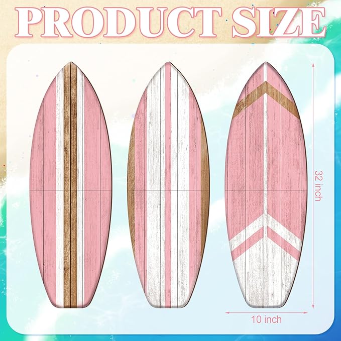 Yookeer 3 Pcs Surfboard Wall Decor,36" x 12" Large Wooden Coastal Beach Wall Decor Set, Aesthetic Cute Beachy Tropical Surf Board Art for Room Bedroom Decoration(Pink,Classic)