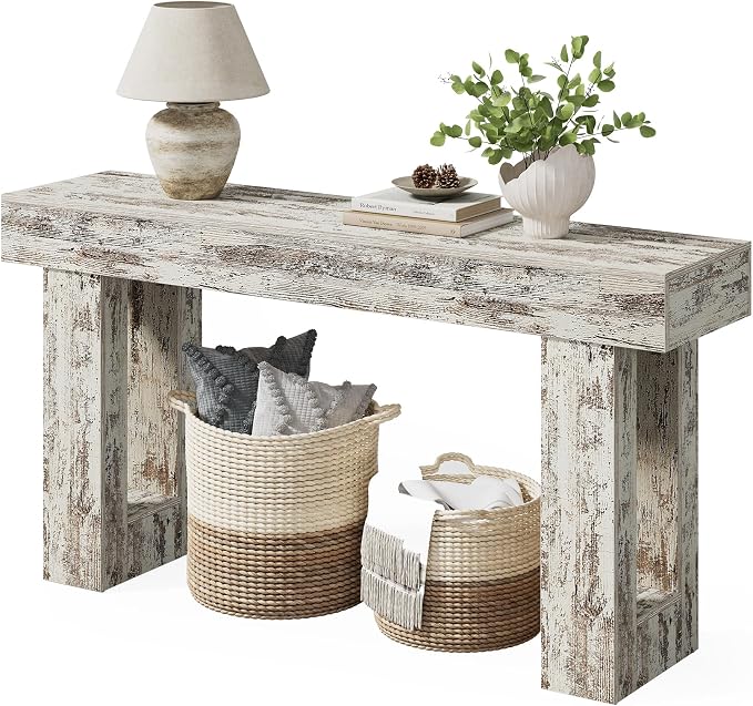 Little Tree 63-Inch Long Console Tables for Entryway, Large Sofa Table Behind Couch, Wooden Entry Foyer Hallway Table, Modern Console Sofa Tables for Living Room, Distressed White