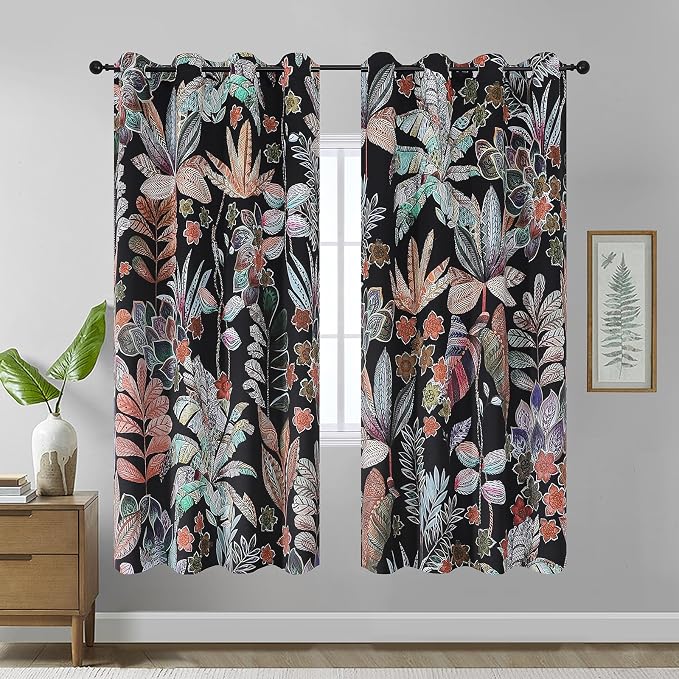 Estelar Textiler Black Boho Floral Leaves Patterned Blackout Curtains for Living Room,Room Darkening Thermal Insulated Energy Efficient Grommet Farmhouse Drapes for Bedroom,52Wx72L,2 Panels