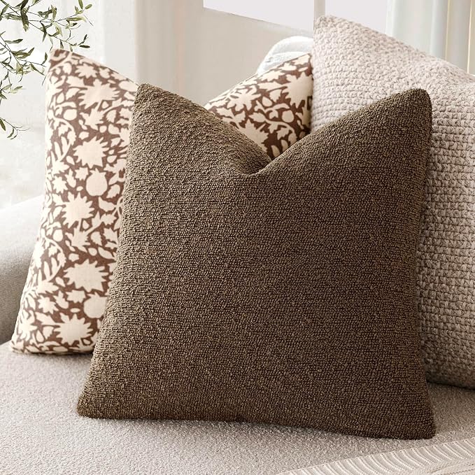 Foindtower Set of 2, Decorative Textured Boucle Throw Pillow Covers Accent Solid Pillow Cases Neutral Soft Couch Cushion Case for Chair Sofa Bedroom Living Room Home Decor 24x24Inch Chocolate