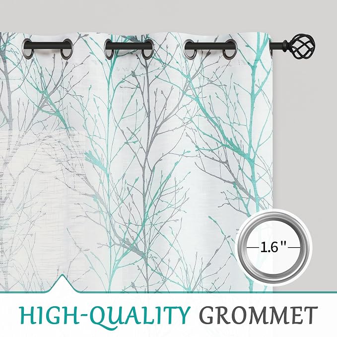 FMFUNCTEX Linen Semi Sheer Curtains for Bedroom, Auqa Blue White Curtains 63 Inches Long for Living Room, Grey Tree Branch Patterned Curtain Light Filtering Window Drapes, Grommet Top 2 Panels