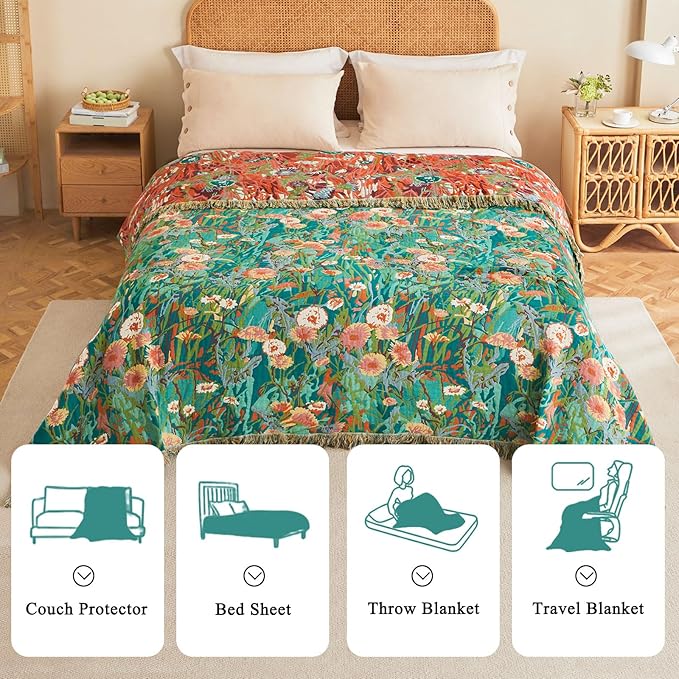 Boho Throw Blanket - 60"x80" 100% Cotton Ultra Soft Lightweight Spring Blanket, 4-Layer Breathable Muslin Blankets for Bed Couch, Reversible Green Floral Printed Bohemian Cotton Quilt