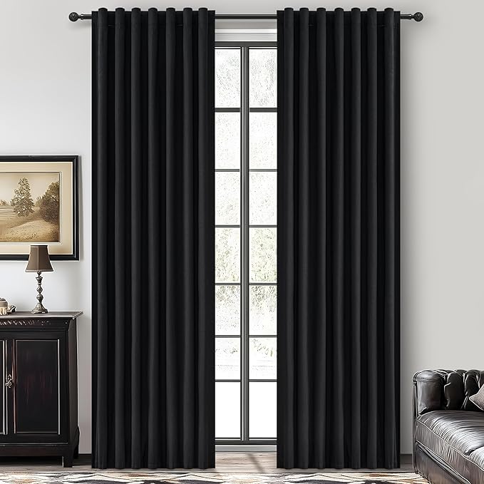 QJmydeco Black 100% Blackout Curtains 84 Inches Long to Keep Heat Out, Black Linen Boho Drapes for Bedroom/Living Room Darkening Back Tab/Rod Pocket/Hook Thermal Insulated (2Panels Set Burg W50 xL84)