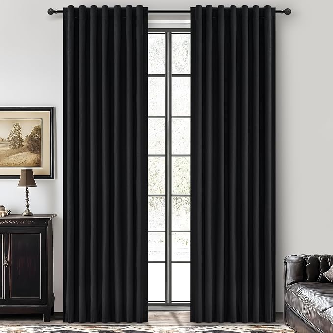 Black Blackout Curtains 92 Inches Long 2 Panel Set, Sun Blocking Curtain for Bedroom Modern Black Window Linen Drapes for Winter Thermal Insulated Pleated with Heading Tape Pin Hooks (W50"xL92")