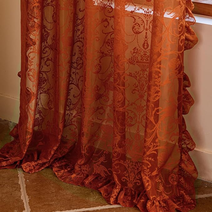 TUDECO Orange Sheer Curtains 63 Inch Length - Bohomian Flower Bird Lace Rust Curtains for Bedroom Sunroom Cheerful Kintted Lightweight Privacy Ruffle Edges Fall Decor, 59 x 63 Inch, Burnt Orange