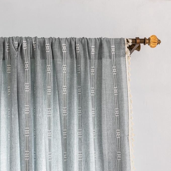 Boho Embroidery Striped Farmhouse Curtains - 96 Inch Long, 2 Panel Set, Blue Linen, Tassel, Semi-Blackout, Living Room (52" W x 96" L)