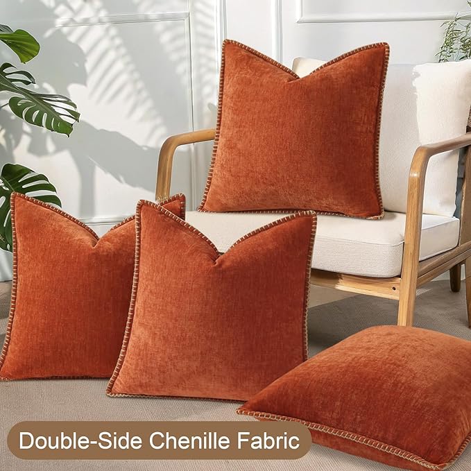 decorUhome Set of 4 Throw Pillow Covers 18x18 Inch Decorative Soft Chenille Pillow Covers Farmhouse Neutral Cushion Covers with Stitched Edge for Couch Sofa Bed Living Room, Burnt Orange