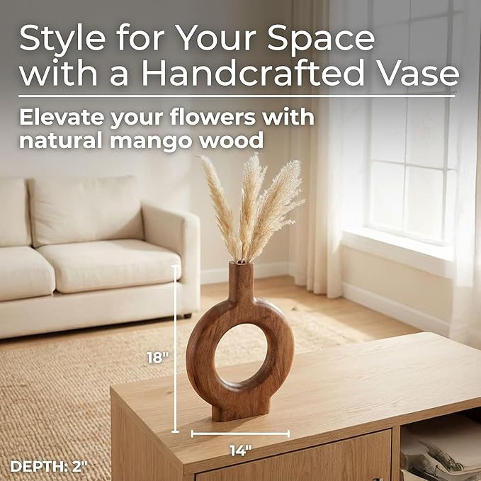 Mango Wood Decorative Vase – Table Decor Flower Holder, Living Room Tabletop Decor, Modern Donut Design Vase Accent for Circle Table Home Decor – 18", Brown
