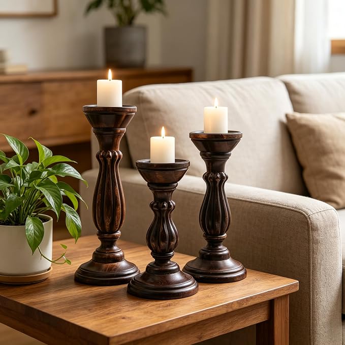 Hosley Set of 3 Dark Brown Wood Pillar Candle Holders 13 Inches 11 Inches and 9 Inches High Ideal for LED and Pillar Candles Gifts for Weddings Party Home Spa Reiki Aromatherapy