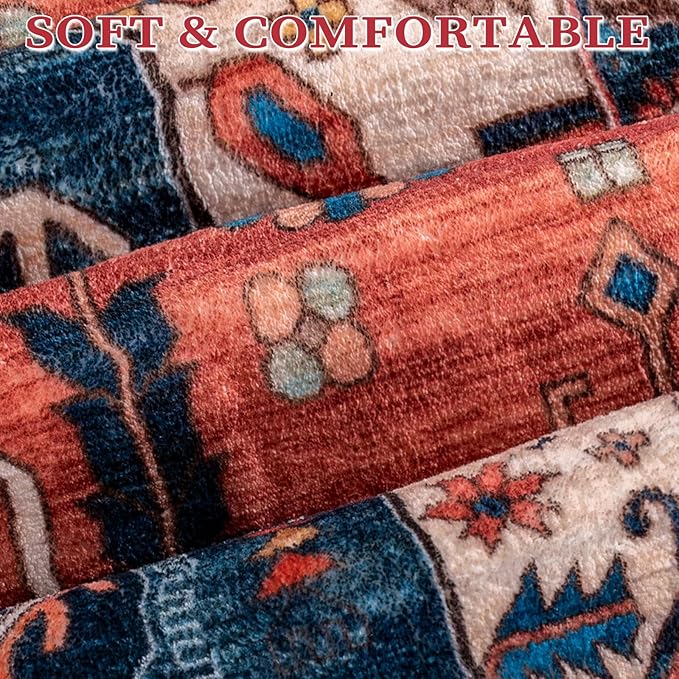 SERISSA 8x12 Area Rugs for Living Room, Large Washable Non-Slip Boho Rug, Ultra Soft Vintage Rust Oriental Tribal Print Distressed Carpet for Dining Room Bedroom Office Home Decor