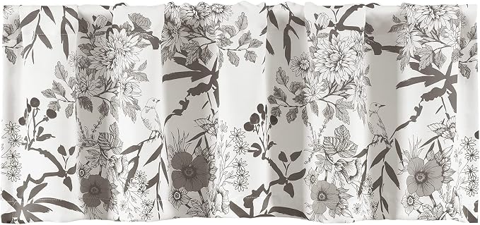 Lush Decor Botanical Garden Curtains Floral Bird Print Light Filtering Window Valance Drapes for Living, Dining, Bedroom, Gray & White, 52"W x 18L"