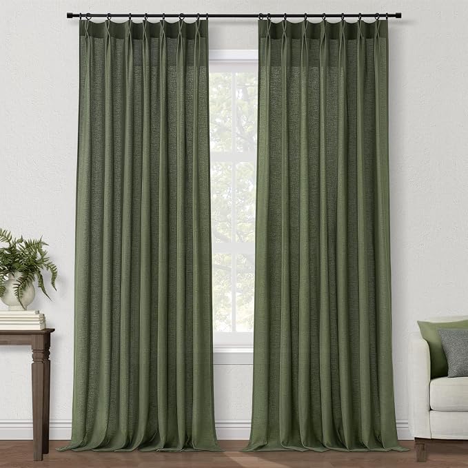 102 Inch Long Curtains Pinch Pleat Linen Curtains for Living Room 2 Panels Set Olive Green Semi Sheer Light Filtering Boho Neutral 102 Inch Pleated Curtain with Hooks Floor Ceiling Bedroom Window