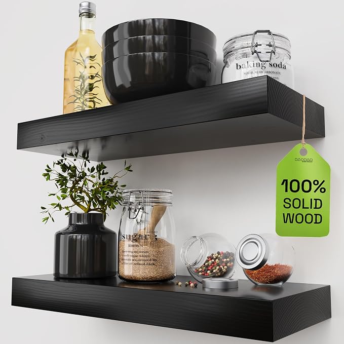 Solid Wood Floating Shelves For Wall 16 inch Black, Bathroom Wooden Shelf | Real Wood, Wall Mounted, Thick, Bedroom Kitchen Living Room, Black Finish, 16W x 6.7D Inch, Set of 2