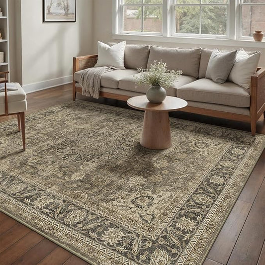5x7 Washable Area Rug Brown Vintage Non Slip Soft Medium Pile Rug for Living Room Bedroom Dining Room Office Distressed Oriental Indoor Throw Carpet for Home Decor