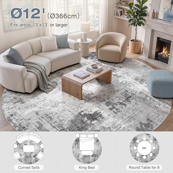 Abstract 12FT Round Rug: Machine Washable Non Slip Ultra Thin Low-Pile Carpet, Soft Stain Resistant for Living Dining Room Bedroom, Kid Pet Friendly, Robot Vacuum Compatible - Grey